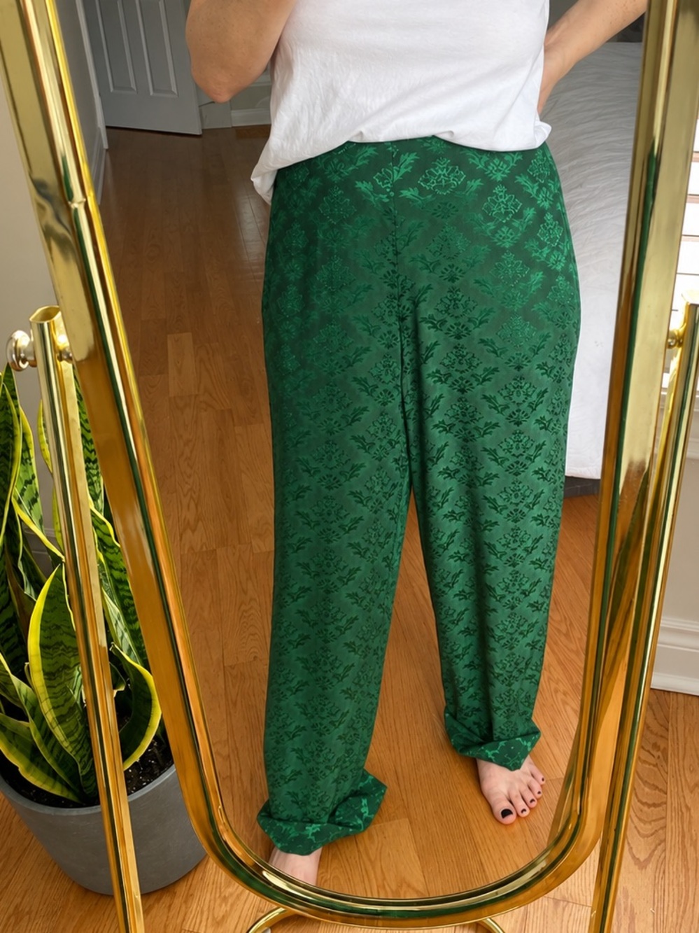 Sandro Emerald Green Jacquard Wide-Leg Flowy Pants